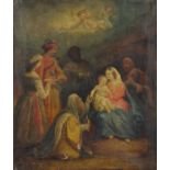 Adoration of The Magi, The Holy Family, early 19th century oil on canvas, unframed, 60cm x 50.5cm :