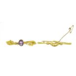 15ct gold bar brooch (2.2g) and a 9ct gold bar brooch set with an amethyst (2.4g) the largest 5cm in