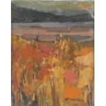 Sheila Macnab Macmillan - Field by the Cylde, impasto oil on board, label and inscription verso,