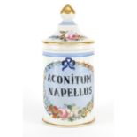 19th century French Apothecary jar and cover, hand painted with flowers, inscribed Aconitum
