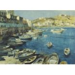 Edward Seago - Continental harbour, pencil signed print in colour, with embossed watermark,
