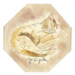 Manner of Leonard Tsuguharu Foujita - Sleeping cat, watercolour, framed, 22cm x 22cm :For Further
