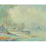 Job de Vogel - Landscape with moored boat, Dutch oil on canvas, details verso, mounted and framed,