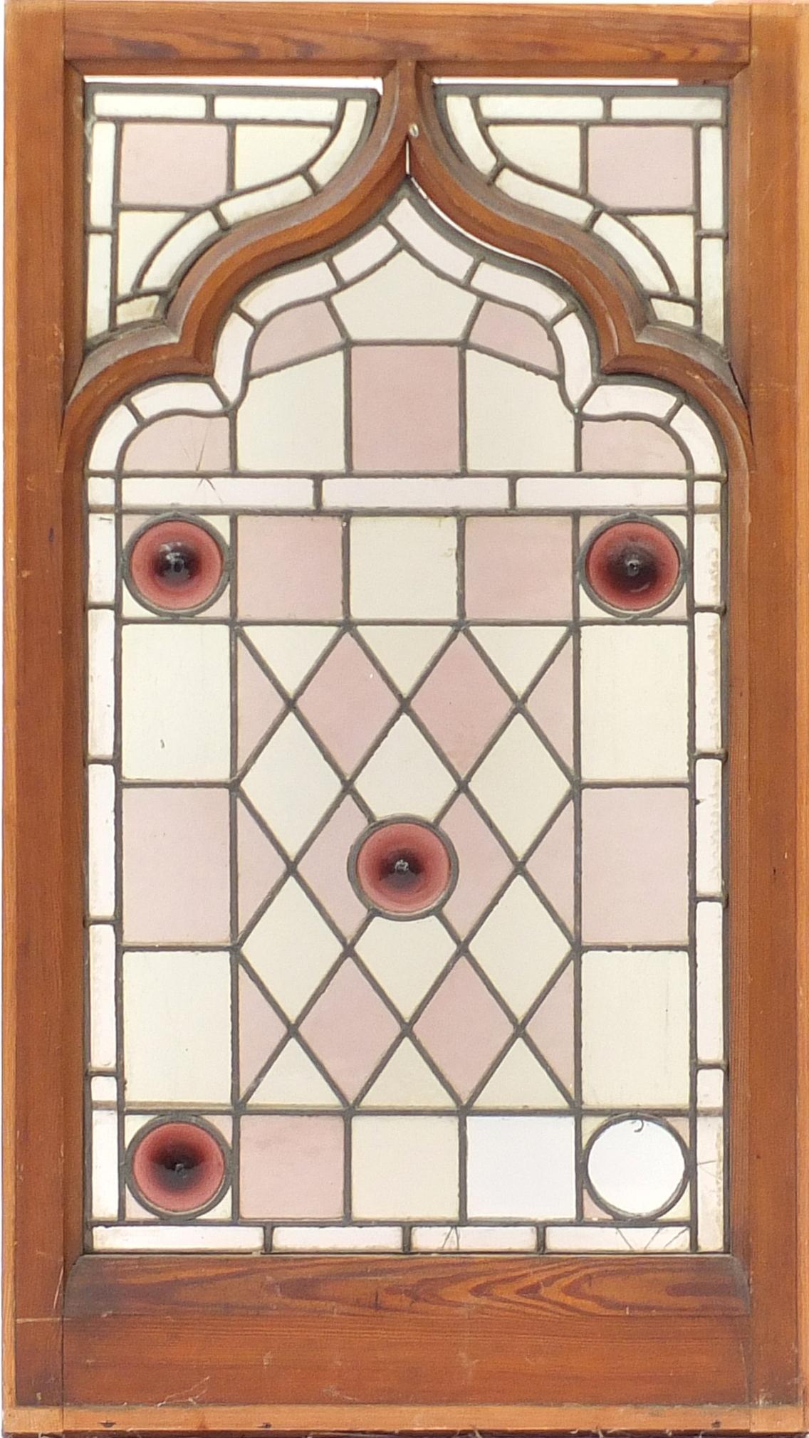 Pair of oak framed leaded stained glass panels, framed, each 115cm x 63cm :For Further Condition - Image 2 of 5