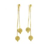 Pair of 9ct gold dangling ball drop earrings, 5cm long, 2.6g :For Further Condition Reports Please