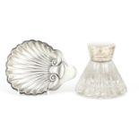 Victorian cut glass inkwell with silver lid and a shell shaped dish, London and Sheffield hallmarks,