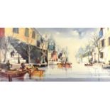 Jorge Aquilar - City waterway, oil on canvas, Stacy Marks label and insurance valuation verso,
