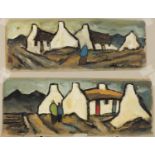 Figures before cottages, two Irish school gouaches, mounted unframed, the largest 50.5cm x 20cm :For