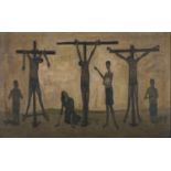 Crucifixion, oil on board, bearing an indistinct inscriptions verso, framed, 76cm x 45.5cm :For