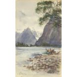 Charles Nathaniel Worsley - Lion Rock, Milford Sound, watercolour, mounted and framed, 23cm x 13.5cm