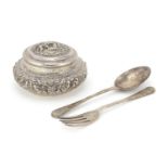 Unmarked Persian silver fork and spoon and an unmarked silver circular box and cover, the fork and