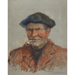 Robert Laroche - Head and shoulders portrait of a man smoking a pipe, oil on board, Mohr Art