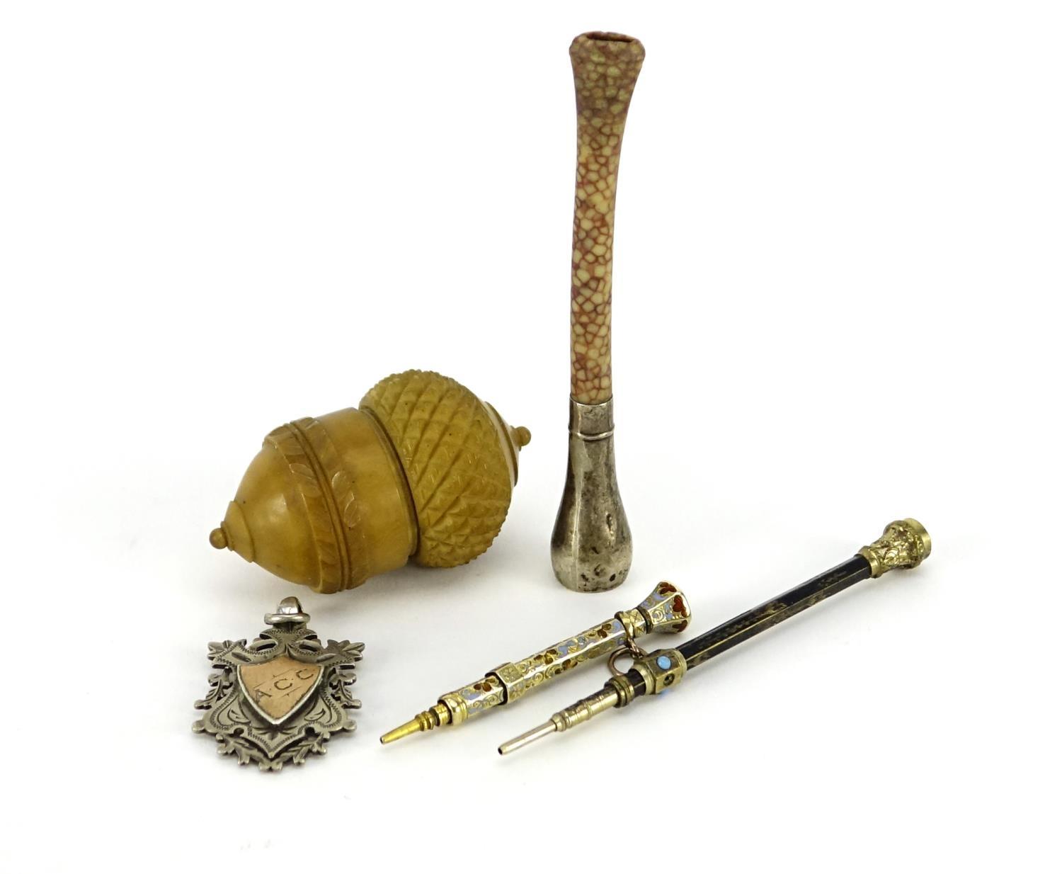 Antique and later objects including a vegetable ivory acorn cotton reel holder, gold coloured