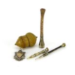 Antique and later objects including a vegetable ivory acorn cotton reel holder, gold coloured