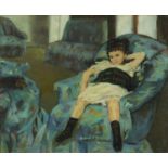 Manner of Georges Picard - Young girl in an armchair with her dog, oil on board, mounted and framed,