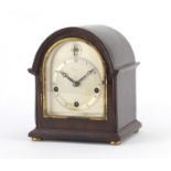 Mahogany Westminster chiming mantel clock of small proportions, with silvered dial and Arabic