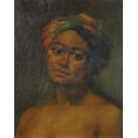 Head and shoulders portrait of a native girl, mid 20th century oil on canvas, bearing an