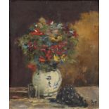 Still life flowers and fruit, oil on canvas, bearing a signature Dyf, framed, 59.5cm x 49cm :For