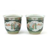 Pair of Chinese porcelain famille verte jardinières, each hand painted with figures and flowers,