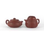 Two Chinese yixing terracotta teapots including a basket design example, both with character marks