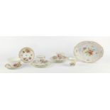 German porcelain hand painted with flowers by Dresden, comprising a basket shaped fruit bowl,