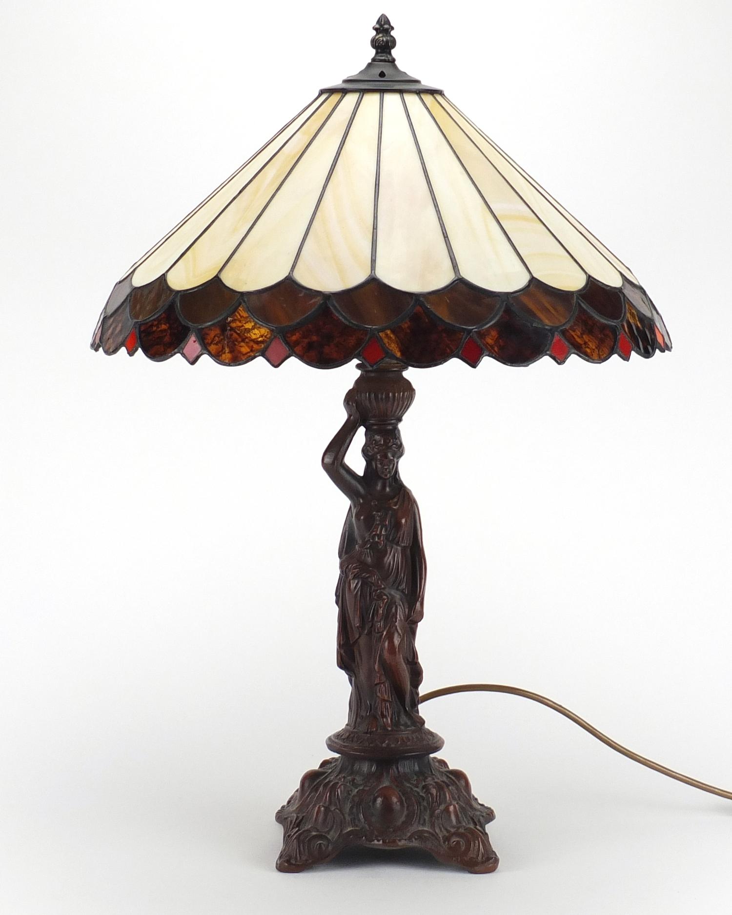 Art Nouveau style bronzed metal maiden table lamp with Tiffany design shade, 60cm high :For