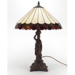 Art Nouveau style bronzed metal maiden table lamp with Tiffany design shade, 60cm high :For