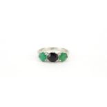 9ct white gold sapphire and green stone ring, size P, 3.1g :For Further Condition Reports Please