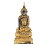 Large antique Burmese carved gilt wood figure of seated Buddha, 60cm high :For Further Condition