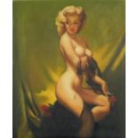 Nude pin up girl, American school oil on board, bearing an indistinct signature possibly Elvgren,