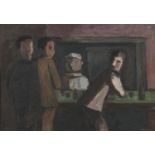 Figures at a bar, oil on board, bearing an indistinct signature, framed, 49.5cm x 34cm :For