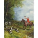 B Morley - Huntsman on horseback with hounds, oil on canvas, framed, 24cm x 19cm :For Further