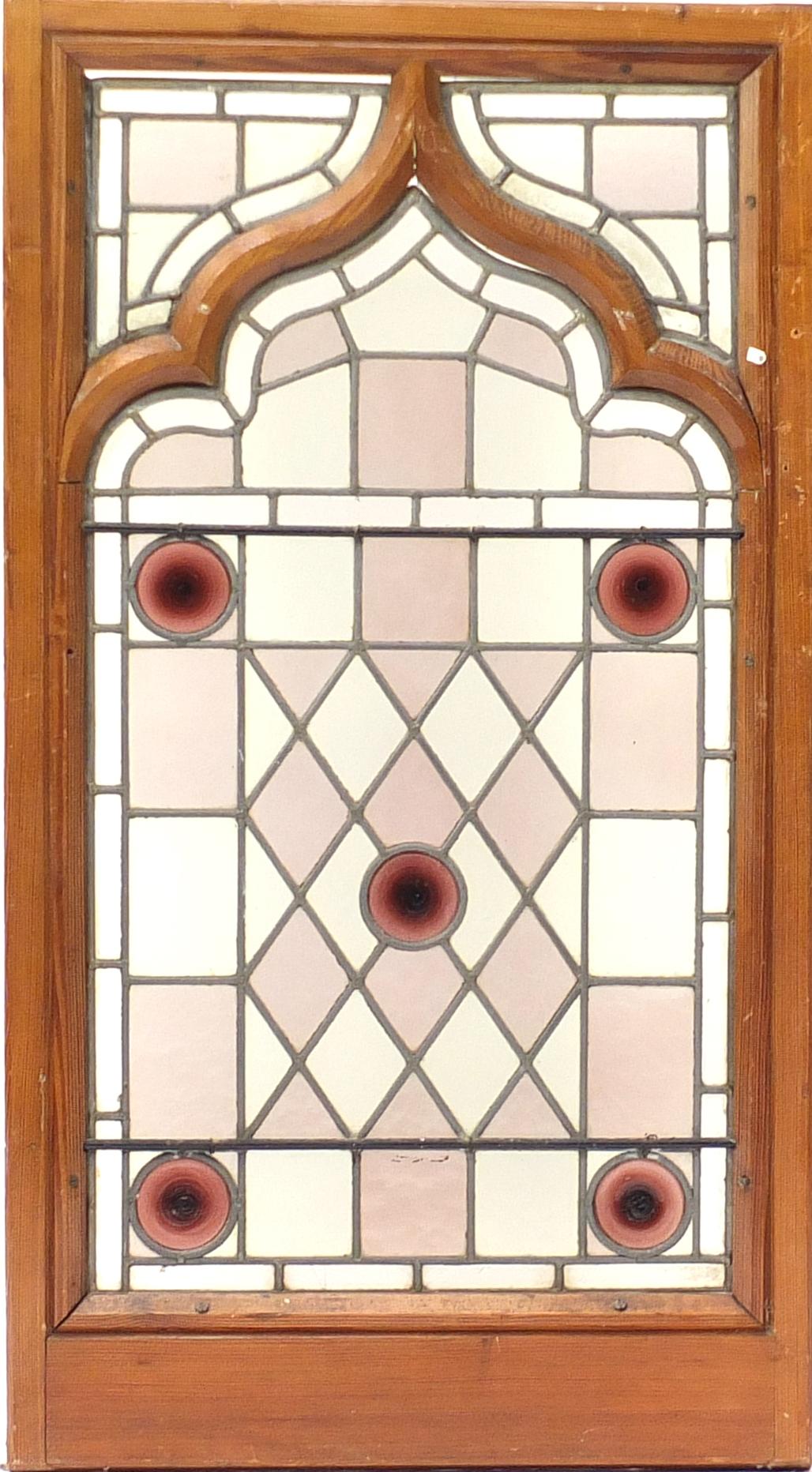 Pair of oak framed leaded stained glass panels, framed, each 115cm x 63cm :For Further Condition - Image 5 of 5