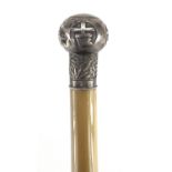 19th century Chinese horn stick with unmarked silver pommel and ferrule, probably rhinoceros horn,