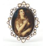 Antique oval hand painted portrait miniature of a scantily nude female, housed in an unmarked silver