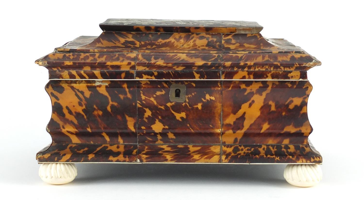 19th century tortoiseshell and ivory sewing box, the hinged lid with mother of pearl floral inlay, - Image 2 of 6