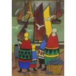 Figures in a harbour, Irish school gouache on card, bearing a signature Markey, framed, 37.5cm x