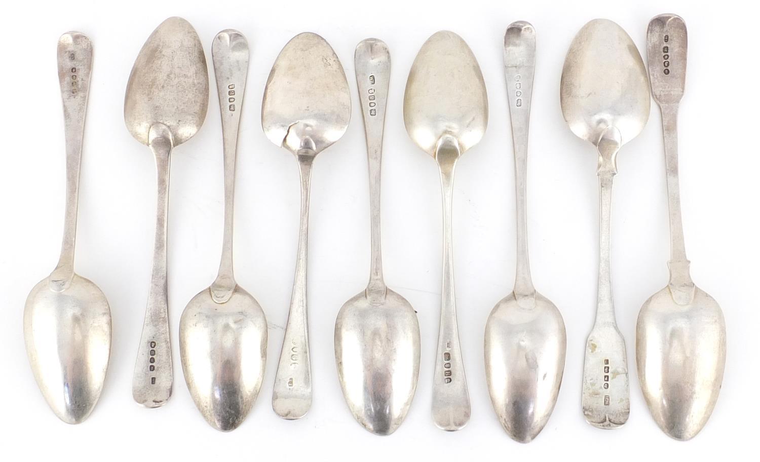 Nine Georgian silver tablespoons, various hallmarks, the largest 23cm in length, 564.5g :For Further - Image 4 of 7