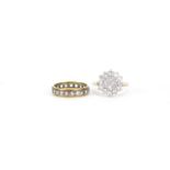 9ct gold cubic zirconia cluster ring, size P and a 9ct gold clear stone eternity ring, size L, 4.