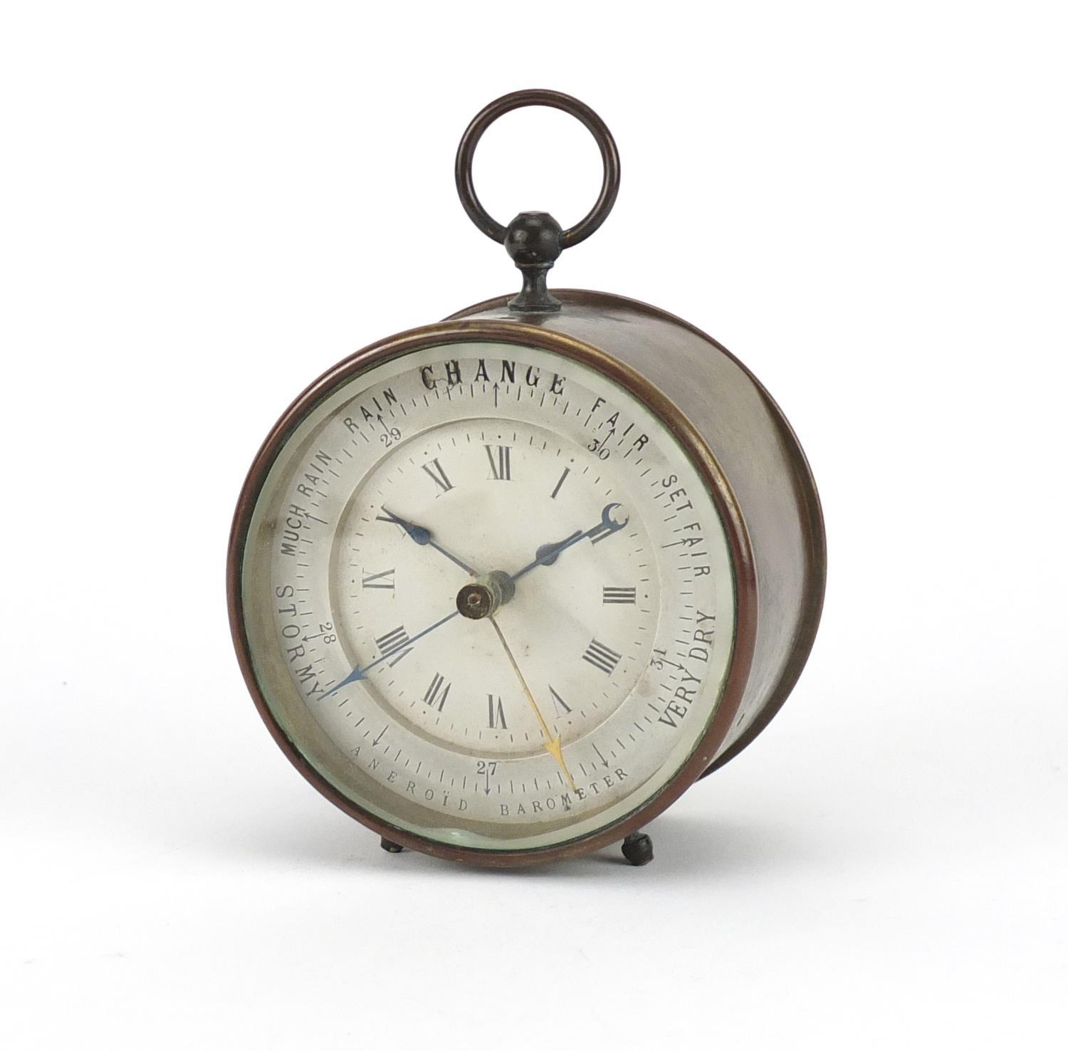 Brass cased desk clock and aneroid barometer, 12cm high :For Further Condition Reports Please