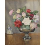 F W Ayling - Roses from my Garden, Ealing & Acton, watercolour, James Bourlet & Sons label verso,
