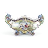 Italian Majolica centre piece with twin dragon handles, possibly by Angelo Minghetti, hand painted