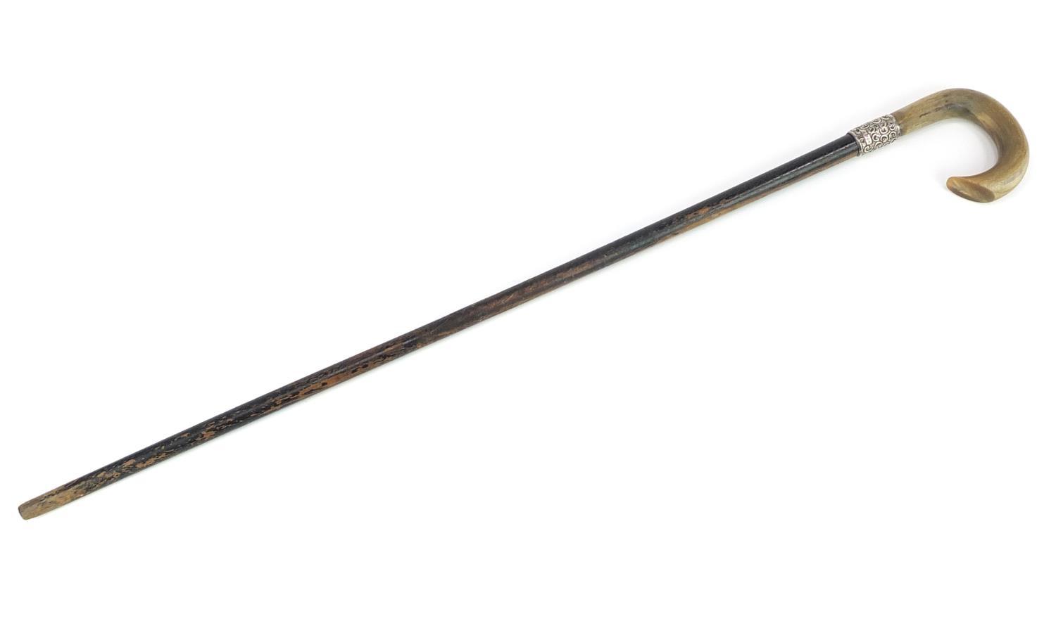 Horn handled walking stick with silver collar and ebonised shaft, probably rhinoceros horn, 81.5cm - Image 2 of 6