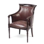Mahogany and brown leather library chair on tapering legs, 91cm high :For Further Condition