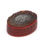 French pressed snuff box, the lift off lid decorated with a female and flowers, signed to the