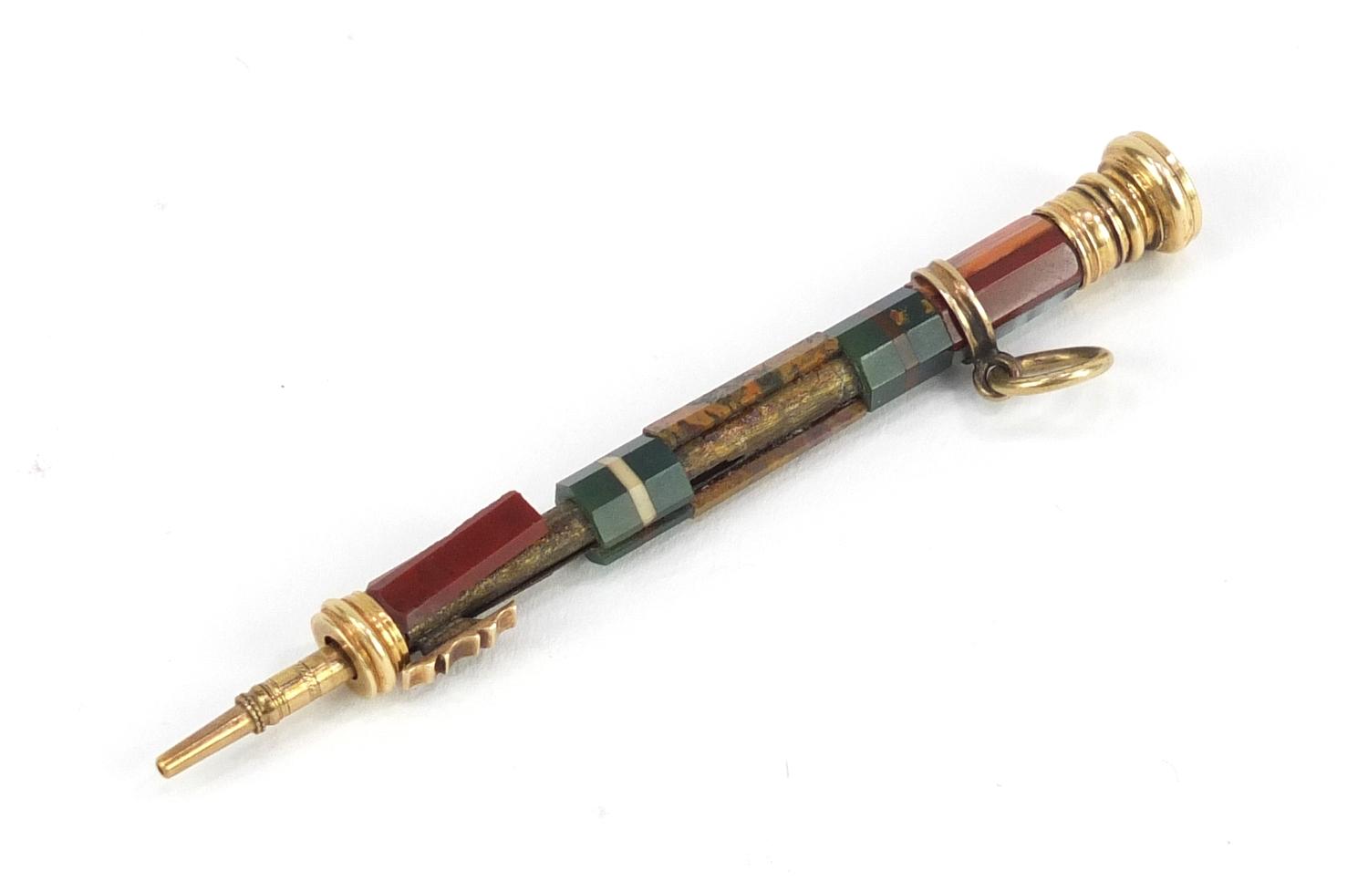 19th century unmarked gold and agate propelling pencil, 6.5cm in length when closed :For Further - Image 2 of 5
