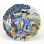 Good Chinese porcelain plate finely hand painted with a huntsman holding a horn and sword with two