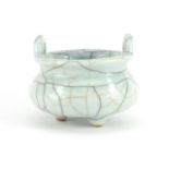 Chinese Ge Kiln celadon censor with twin handles, 10cm high :For Further Condition Reports Please