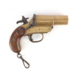 Webley & Scott flare gun with wooden grip, various impressed marks and numbered 49414, 20cm in