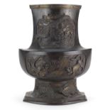 Japanese patinated bronze vase decorated with birds of paradise, tigers and sea turtles, character